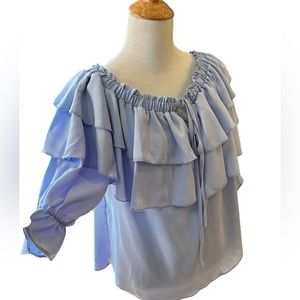 BYINNS OFF SHOULDER EXAGGERATED RUFFLED BLOUSE LIGHT BLUE SIZE LG NEW WITH TAGS